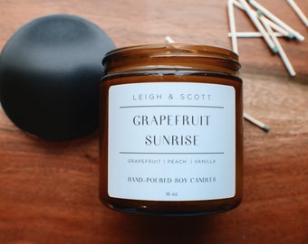 Grapefruit Sunrise, Large Hand Poured Soy Wax Candle, Candle Wedding Favor, Minimalist Candle, Handmade,Grapefruit Candle, Citrus Candle