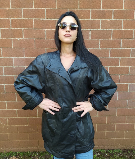 vintage 80s coat- leather jacket- black leather ja