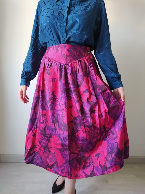 80s two piece set-thai silk- 80s round skirt-flora