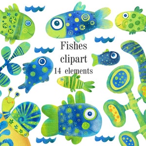 Aquarell Fisch Clip Art Süßer Fisch und Schnecke Png Clipart Set von 14 druckbaren Elementen für Scrapbooking und Karten DIY