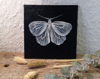 Weißes Schmetterlings-Minigemälde, Insekten, Miniatur-Wandkunst, Originalgemälde