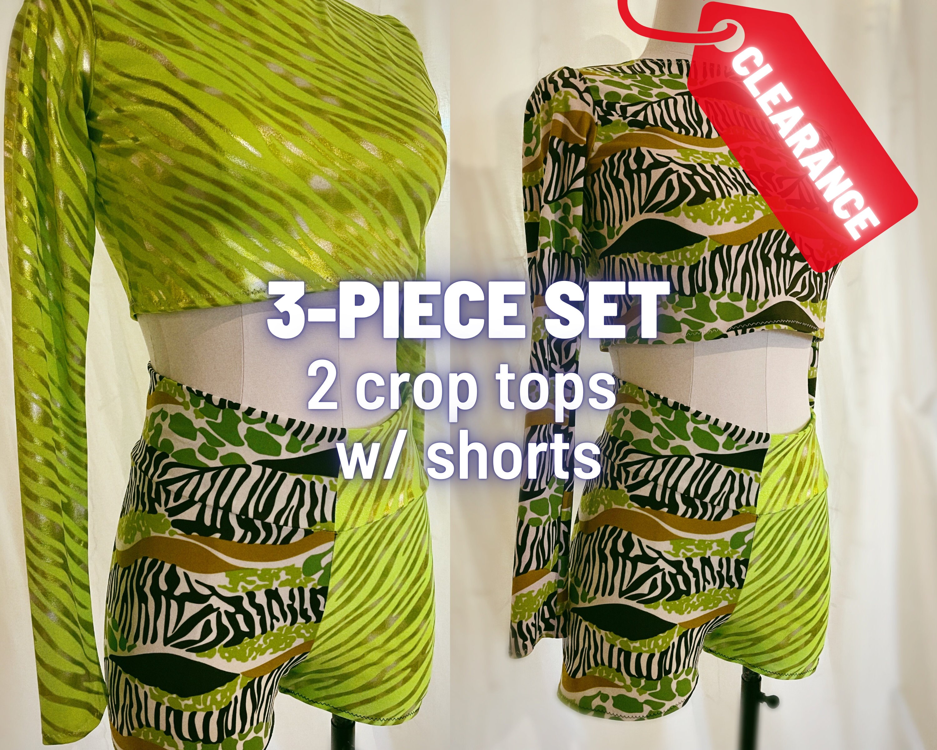 Festival Outfit, Rave Outfit, Set of 3: Shorts & 2 long sleeve crop tops
