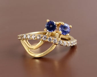 Tanzanite Ring with White Zircon, Gold Plated 925 Sterling Silver Ring, Blue Tanzanite Double Stone Ring, Elegant Statement Ring