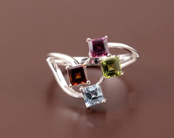925 Sterling Silver Natural Madeira Citrine, Peridot, Sky Blue Topaz & Rhodolite Garnet Ring, Colorful Gemstone Statement Ring, Gift for Her
