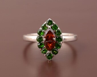 Natural Madeira Citrine, Chrome Diopside Ring, 925 Sterling Silver Gemstone Ring, Green & Orange Statement Ring, Handmade Jewelr