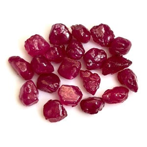 Puede incluir: Una colección de piedras preciosas de rubí en bruto sin cortar. Las piedras son de un color rojo intenso y rico con una apariencia ligeramente translúcida. Las piedras preciosas tienen forma irregular y varían en tamaño, dispersas sobre un fondo blanco.