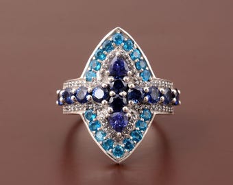 Natural Tanzanite, Blue Sapphire, Neon Apatite & White Zircon Ring, 925 Sterling Silver Gemstone Ring, Blue Statement Ring, Handmade Jewelry