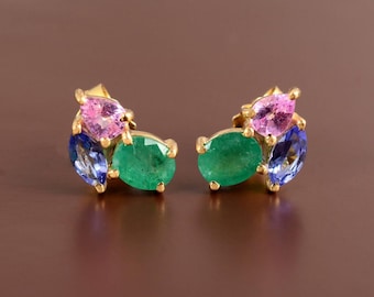 Zambian Emerald Pink Sapphire Tanzanite Stud Earrings, 925 Sterling Silver Gold Plated Earrings, Multicolor Gemstone Jewelry