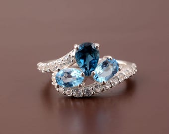 Natural London Blue Topaz & Swiss Blue Topaz Ring with White Zircon, Sterling Silver Statement Cocktail Ring, Blue Gemstone Jewelry