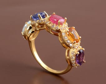 Multi Gemstone Statement Ring, Ruby and Sapphire Glass Filled, African Amethyst, Citrine, Sky Blue Topaz, 925 Sterling Silver Gold Plated