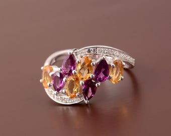 925 Sterling Silver Natural Citrine & Rhodolite Garnet Ring with White Zircon, Multicolor Gemstone Cocktail Ring, Handmade Jewelry