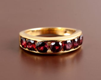 Garnet Ring 925 Sterling Silver Gold Plated Red Garnet Band Ring, Natural Gemstone Ring, Vintage Statement Ring, Anniversary Gift