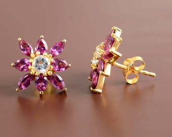 Rhodolite Garnet & White Topaz Flower Stud Earrings, Pink Garnet Floral Earrings, 925 Sterling Silver Gold Plated, Gemstone Jewelry