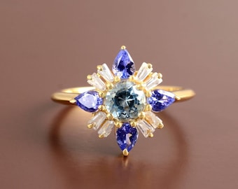 Natural Aquamarine Tanzanite White Zircon Ring, Blue Gemstone Statement Ring, Floral Cocktail Ring, Gold Plated 925 Silver Ring