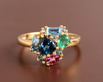 Natural London Blue Topaz Swiss Blue Topaz Zambian Emerald Pink Tourmaline White Zircon Ring, Multicolor Gemstone Ring, 925 Silver Jewelry