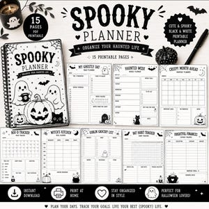 May include: A black and white printable Spooky Planner set featuring 15 pages with Halloween-themed illustrations of ghosts, pumpkins, bats, and cats. The planner includes daily, weekly, and monthly layouts, a mood tracker, meal planner, and expense tracker.
