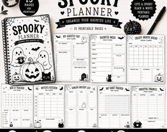Spooky Planner Printable PDF | Halloween Planner Bundle | 15 Page Planner + 5 Bonus Coloring Pages | Cute Gothic Planner | Instant Download