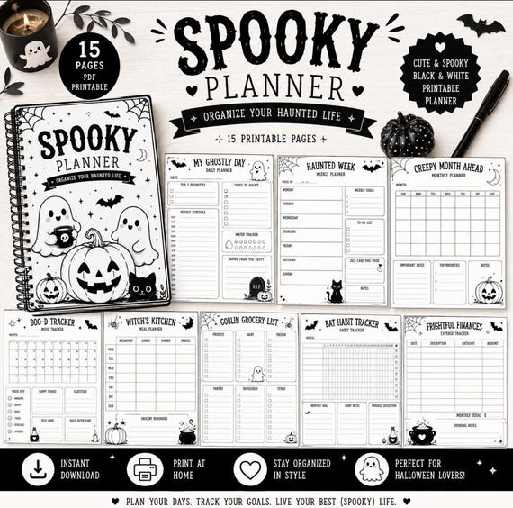Spooky Planner Printable PDF | Halloween Planner Bundle | 15 Page Planner + 5 Bonus Coloring Pages | Cute Gothic Planner | Instant Download