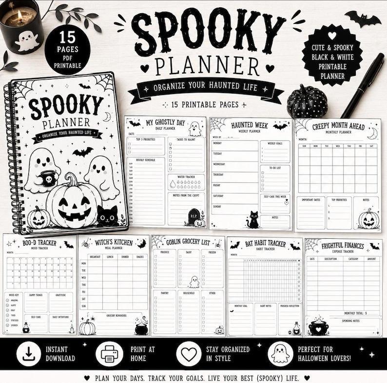 May include: A black and white printable Spooky Planner set featuring 15 pages with Halloween-themed illustrations of ghosts, pumpkins, bats, and cats. The planner includes daily, weekly, and monthly layouts, a mood tracker, meal planner, and expense tracker.