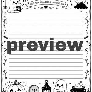 May include: A black and white lined stationery page featuring the text Notes From The Crypt and Write Your Spells, Dreams & Big Ideas Here. The border includes illustrations of a ghost, a pumpkin, a tombstone, a lantern, and a cauldron.