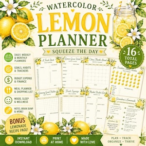 May include: A digital watercolor lemon planner set featuring 16 total pages including daily, weekly, and monthly planners, goal trackers, budget sheets, meal planners, and a lemonade recipe page. The design includes yellow lemons and green leaves.