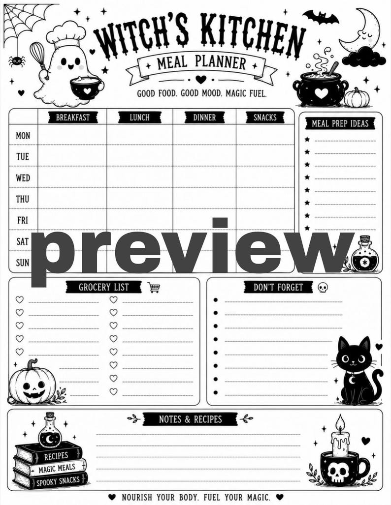 May include: A black and white meal planner sheet titled Witch's Kitchen. It features a weekly grid for breakfast, lunch, dinner, and snacks, plus sections for grocery lists, meal prep ideas, notes, and recipes, decorated with ghosts, cats, and pumpkins.
