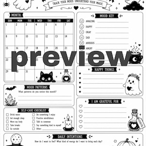 May include: A black and white printable mood tracker sheet titled BOO-D TRACKER. It features a monthly calendar, a mood key with icons, sections for happy things, gratitude, self-care checklists, and daily intentions, decorated with ghosts, cats, and pumpkins.