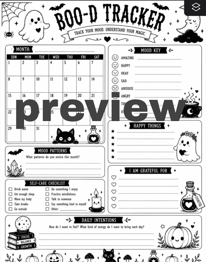 May include: A black and white printable mood tracker sheet titled BOO-D TRACKER. It features a monthly calendar, a mood key with icons, sections for happy things, gratitude, self-care checklists, and daily intentions, decorated with ghosts, cats, and pumpkins.