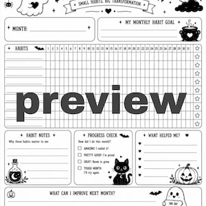 May include: A black and white printable habit tracker sheet titled BAT HABIT TRACKER with the subtitle SMALL HABITS. BIG TRANSFORMATION. The layout includes sections for monthly goals, a 31-day grid, habit notes, progress checks, and reflections.