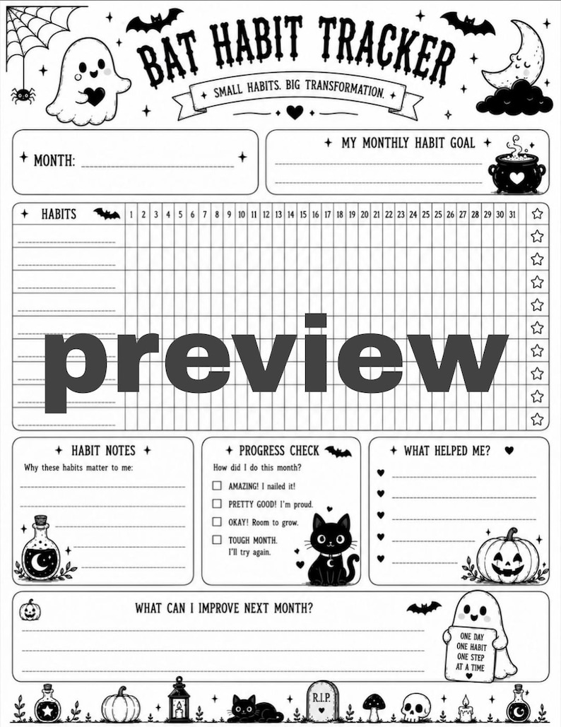 May include: A black and white printable habit tracker sheet titled BAT HABIT TRACKER with the subtitle SMALL HABITS. BIG TRANSFORMATION. The layout includes sections for monthly goals, a 31-day grid, habit notes, progress checks, and reflections.