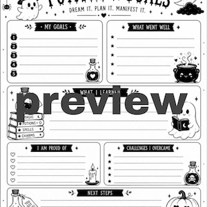 May include: A black and white planner page titled Potions & Goals with the subtitle Dream It. Plan It. Manifest It. The layout includes sections for goals, reflections, and achievements, decorated with illustrations of ghosts, pumpkins, and potions.