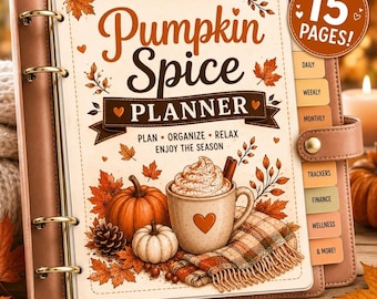 Puede incluir: Una agenda de cuero marrón con anillas doradas, con una ilustración de un latte de calabaza, calabazas, piñas y hojas de otoño. El texto dice Pumpkin Spice Planner, Plan Organize Relax Enjoy The Season y 15 Pages.