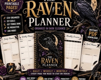 Raven Planner Printable PDF | Gothic Planner | Dark Academia Planner | Witchy Planner | 20 Pages + 8 Bonus Coloring Pages