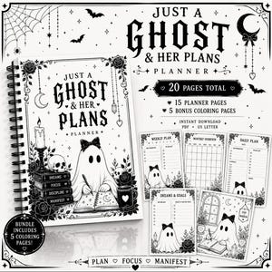 Może przedstawiać: Spiralny planer zatytułowany Just a Ghost & Her Plans przedstawiający ducha piszącego w książce, otoczonego czaszkami, świecami i różami. Zestaw zawiera łącznie 20 stron, w tym 15 stron planera i 5 dodatkowych stron do kolorowania w formacie PDF.