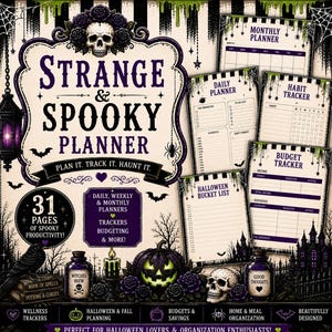 Peut inclure: Un ensemble de planificateur imprimable intitulé Strange & Spooky Planner avec un crâne, des roses noires, des citrouilles et des chauves-souris. Inclut des suivis mensuels, quotidiens, d'habitudes et de budget, décoré de rayures noires et blanches.