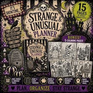 Puede incluir: Una agenda Strange & Unusual Planner con estética gótica, que incluye una casa encantada, una calavera y detalles a rayas blancas y negras. La portada muestra el título, mientras que el diseño incluye páginas diarias, semanales y mensuales, rastreadores de hábitos y páginas para colorear adicionales.