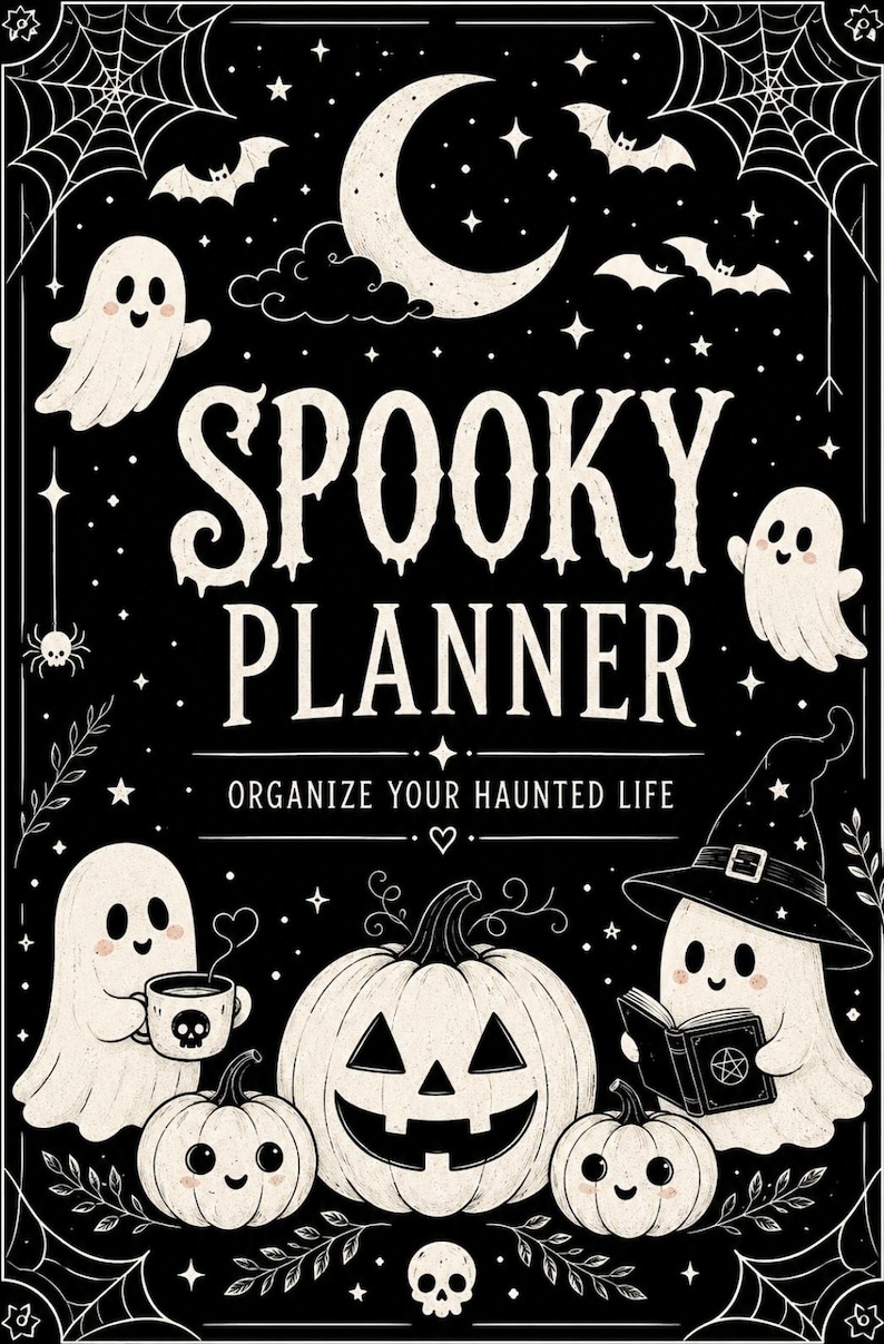 May include: A black and white planner cover featuring the text SPOOKY PLANNER and ORGANIZE YOUR HAUNTED LIFE. The design includes illustrations of ghosts, a crescent moon, bats, stars, spiderwebs, a skull, and three jack-o'-lantern pumpkins.