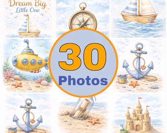 Junge Kinderzimmer Kunst | Aquarell Ozean Strand Baby Dekor | Segelboot Kunst (30 Drucke)