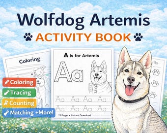 Wolfshund Artemis Mitmachbuch für Kinder | Druckbares Lernpaket für Kleinkinder | Ausmalen Zählen Arbeitsblätter | Vorschulalter