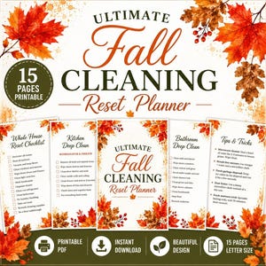 以下が含まれることがあります： 秋の葉のイラストが描かれた15ページの印刷可能な「Ultimate Fall Cleaning Reset Planner」。家全体、キッチン、バスルームの掃除用チェックリストと、ヒントやコツが記載されており、レターサイズで構成されています。