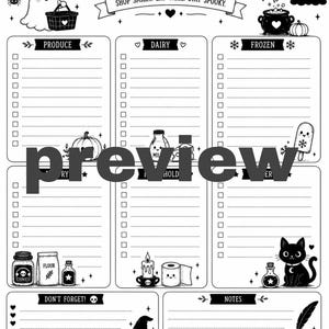 May include: A black and white grocery list template titled GOBLIN GROCERY LIST with the text SHOP SMART. EAT WELL. STAY SPOOKY. It features sections for produce, dairy, frozen, household, and other items, decorated with ghosts, cats, pumpkins, and potions.