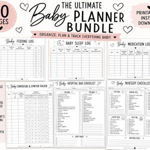 Ensemble de planificateurs pour bébé à imprimer en PDF | 20 pages de suivi pour nouveau-né | Listes pour l'alimentation, le sommeil, les couches, les médicaments, la croissance et la valise pour la maternité