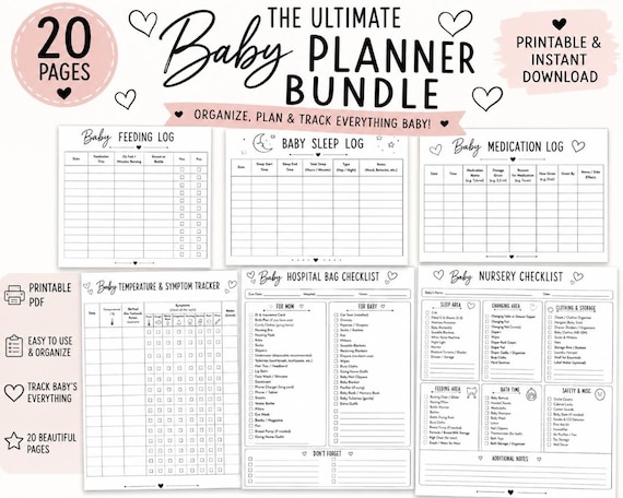 Baby Planner Bundle Printable PDF | 20 Newborn Tracker Pages | Feeding, Sleep, Diaper, Medication, Growth & Hospital Bag Checklists