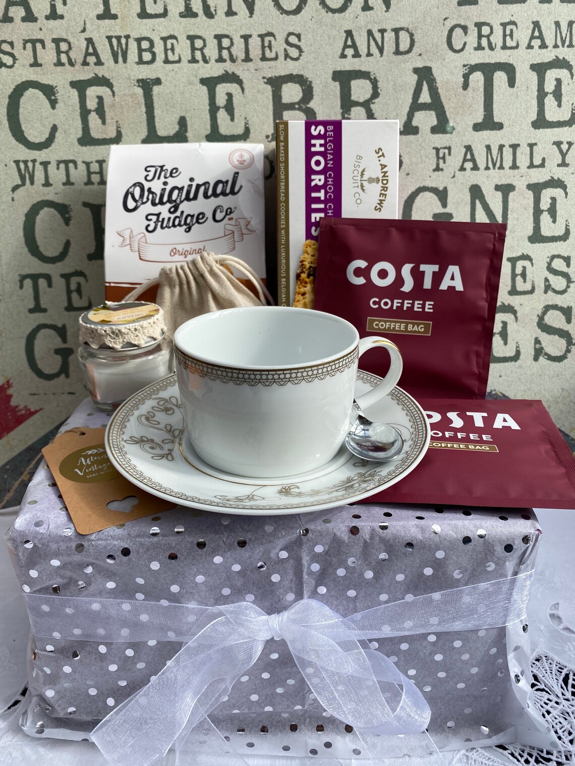 AFTERNOON Tea Treat/ Gift Box With a White/ Gold Pretty Paisley Pattern