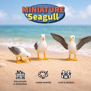 May include: Three miniature seagull figurines with white bodies, grey wings, and yellow feet and beaks. One bird is looking down, one stands upright, and one has wings spread wide. The text reads MINIATURE Seagull, DOLLHOUSE & DIORAMAS, HAND PAINTED, CUTE & UNIQUE.