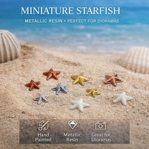 May include: A collection of miniature metallic resin starfish in shades of copper, silver, and gold, presented on sand with seashells. The image features the text "MINIATURE STARFISH" and "METALLIC RESIN".