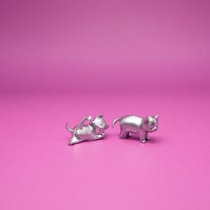 Teeny Tiny Silver Painted Cat Figurines - Miniature Cats in Two Poses, Collectible Decor for Cat Lovers.