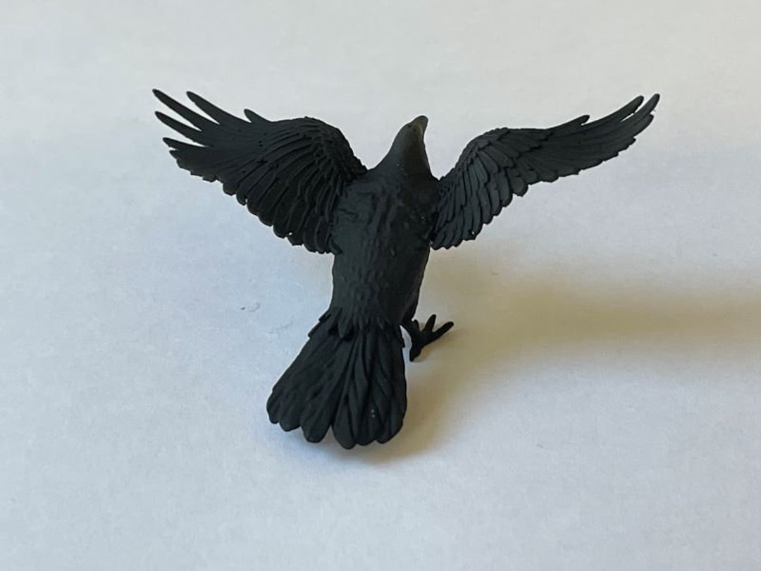 Miniature Black Crow With Wings Spread | Tiny Bird Figurine