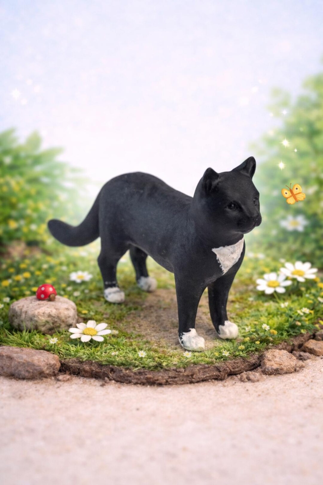 タキシード猫のミニチュア、小さな動物の置物、ドールハウスの装飾