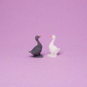 Peut inclure: Deux petits canards en jouet, l'un gris et l'autre blanc, se font face sur un fond violet.